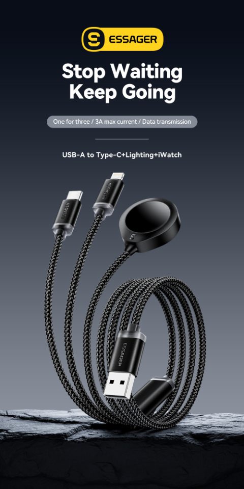 Essager 3 in 1 multiple usb A charging cable for Apple watch iPhone 16/15/14/13